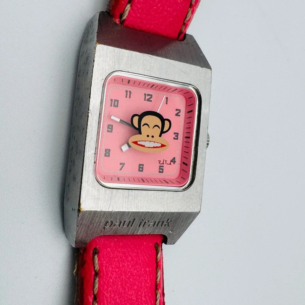Rare Paul Frank Watch Julius Monkey Face Dial Pink Leather Band Japan Movement